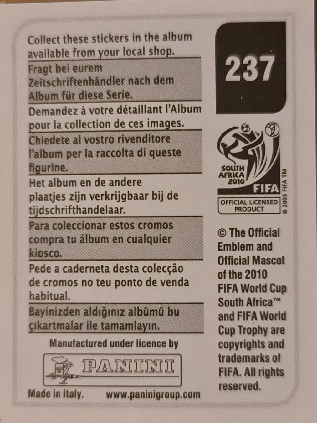 Panini Carte collezionabili: Panini WM 2010 Nr. 237 – Nuovo (secondo la descrizione) da Dintikon venduto da Prime-shop 1