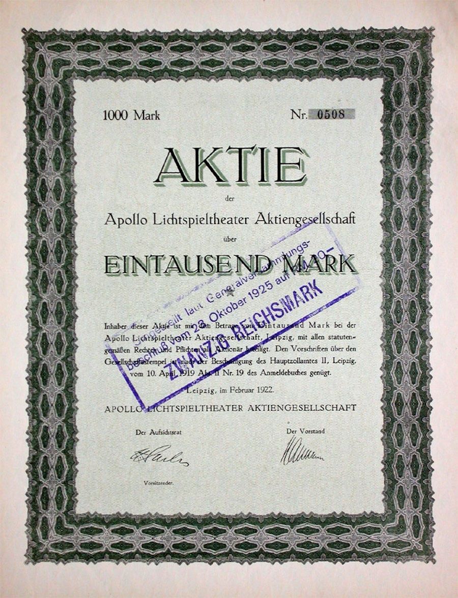 Documenti: Apollo Lichtspieltheater AG, Leipzig - 1922 – Usato da Solothurn venduto da Sgasche