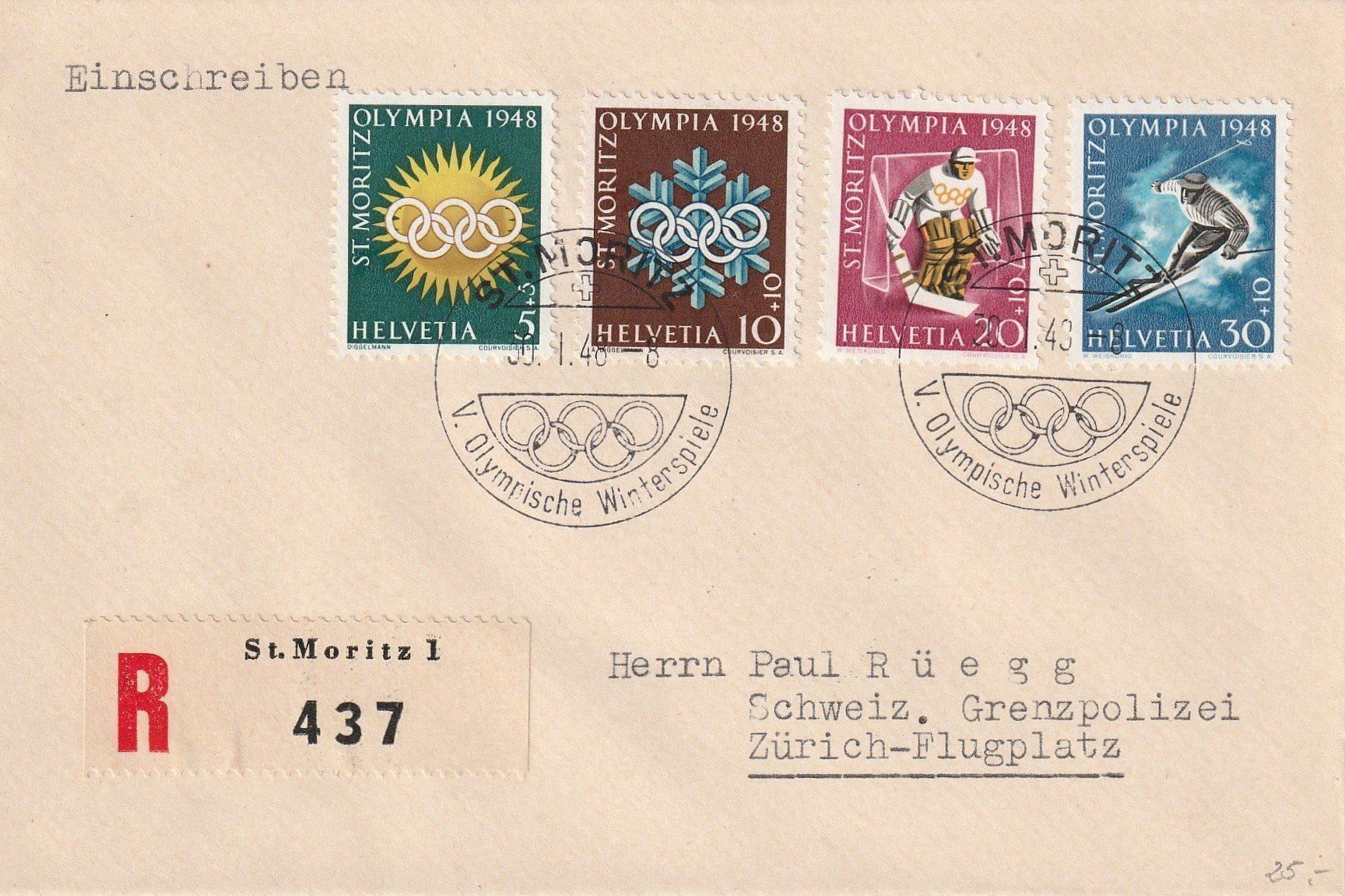 Tutti i francobolli: St.Moritz Olympiade1948-Einschreibebrief – Usato da uttwil venduto da Koehlerfred
