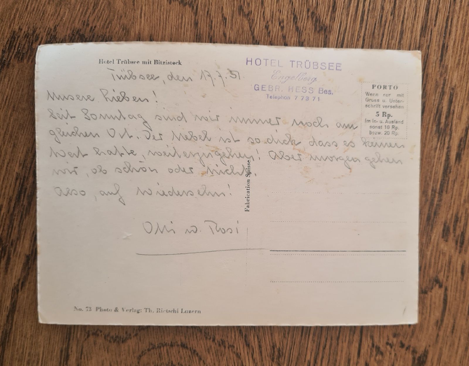 Ansichtskarten: Hotel Trübsee mit Bitzistock 1951 – Gebraucht aus Ebikon von Donar50 1