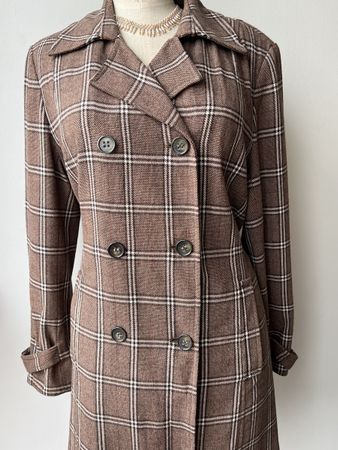 Vintage Brown Plaid Wool Mix Trench Coat, Size 44,