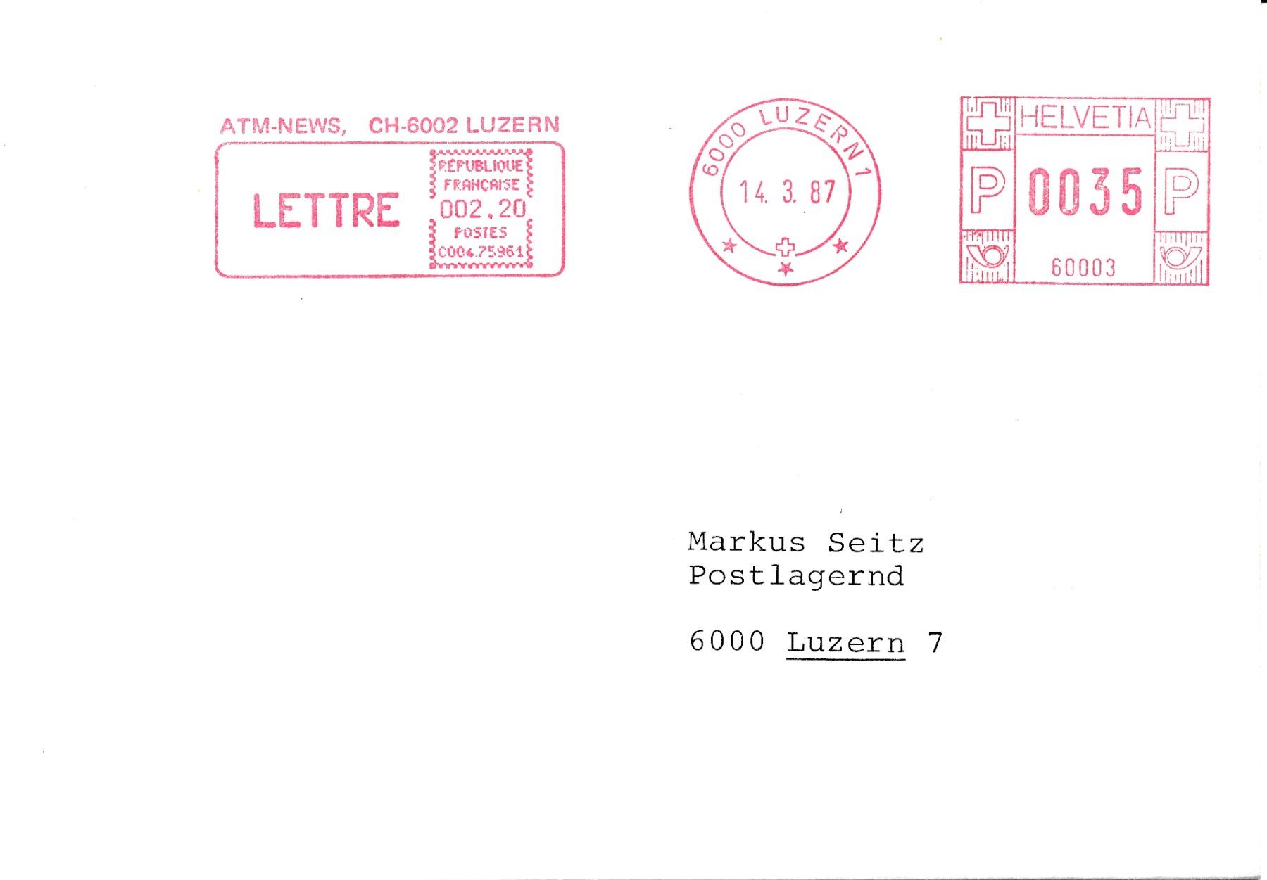 Alle Briefmarken: Firmenfreistempel mit ATM-Bezug – Neu (gemäss Beschreibung) aus Luzern von atms 3