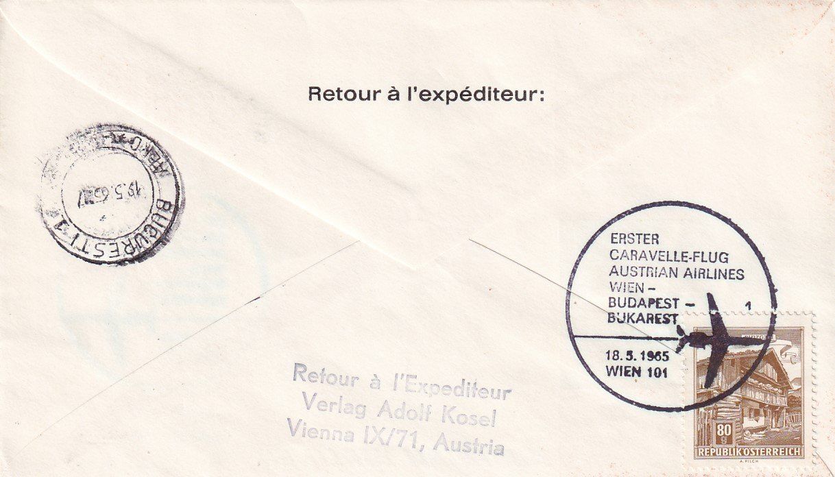 Tutti i francobolli: Erstflug AUA Caravelle Wien - Bukarest 1965 – Usato da Baar venduto da Asmara111 1