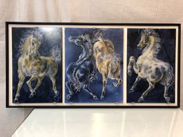 Hans Erni 3 Glasbilder Triptychon der Pferde in Holzrahmen