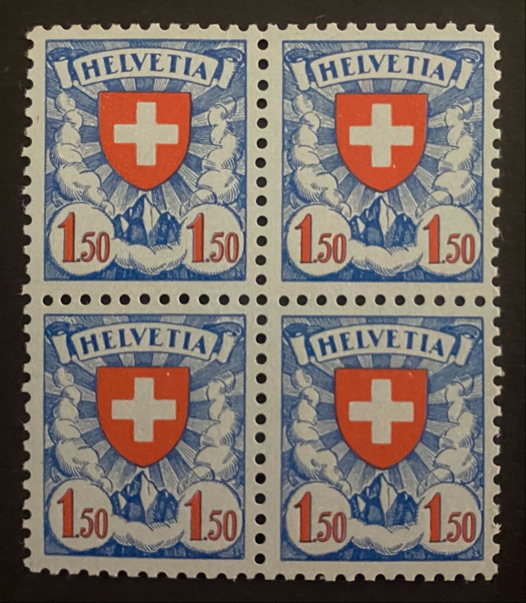 Alle Briefmarken: 1940: Wappenmuster Nr.165y Viererbl.** – Gebraucht aus Walperswil von Tcheidi