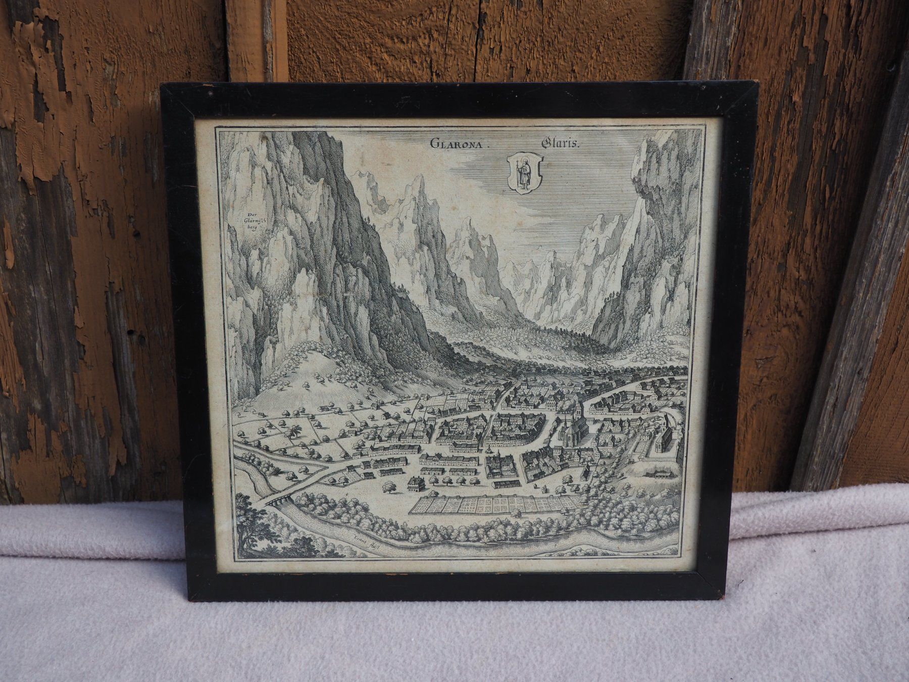 Stiche: Bild von Glarus, wahrscheinlich Matthäus Merian, ca 1650 – Gebraucht aus Schänis von Lobelie1