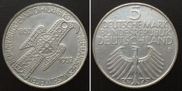 BRD 5 Mark 1952 D, GERMANISCHES MUSEUM, J.388 Silber unz-