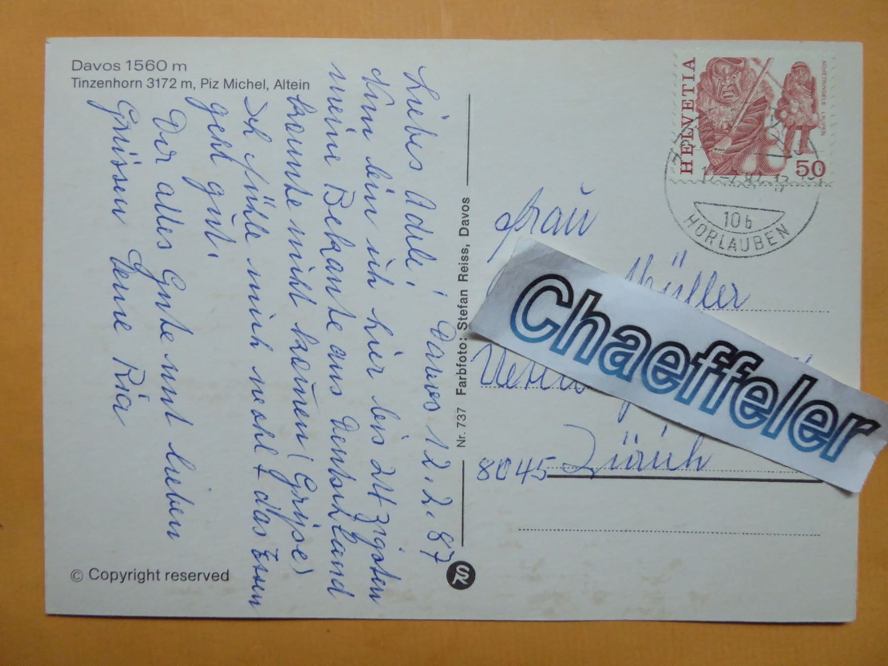 Cartoline postali: 1987  Davos – Usato da Zürich venduto da Chaeffeler 1