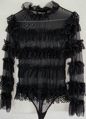 Sheer Black Ruffle Bodysuit - Size M