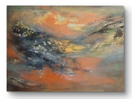 Abstrakte Landschaft in Acryl, Unikat mit Metallic, 50x70 cm