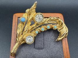 Vintage vergoldene Brosche mit Strasssteinen und Türkis