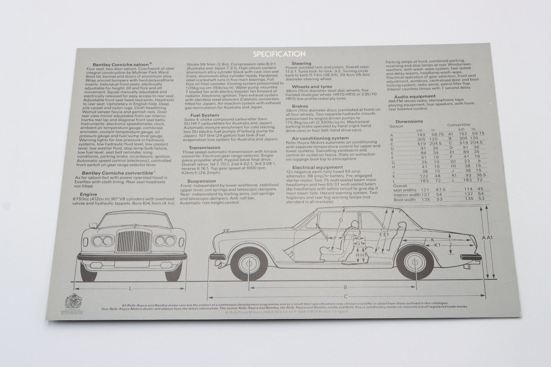 Bentley Documents: Bentley Corniche 1978 Prospektblatt – D'occasion à Bühl b.Aarberg par Collectorpassions 3