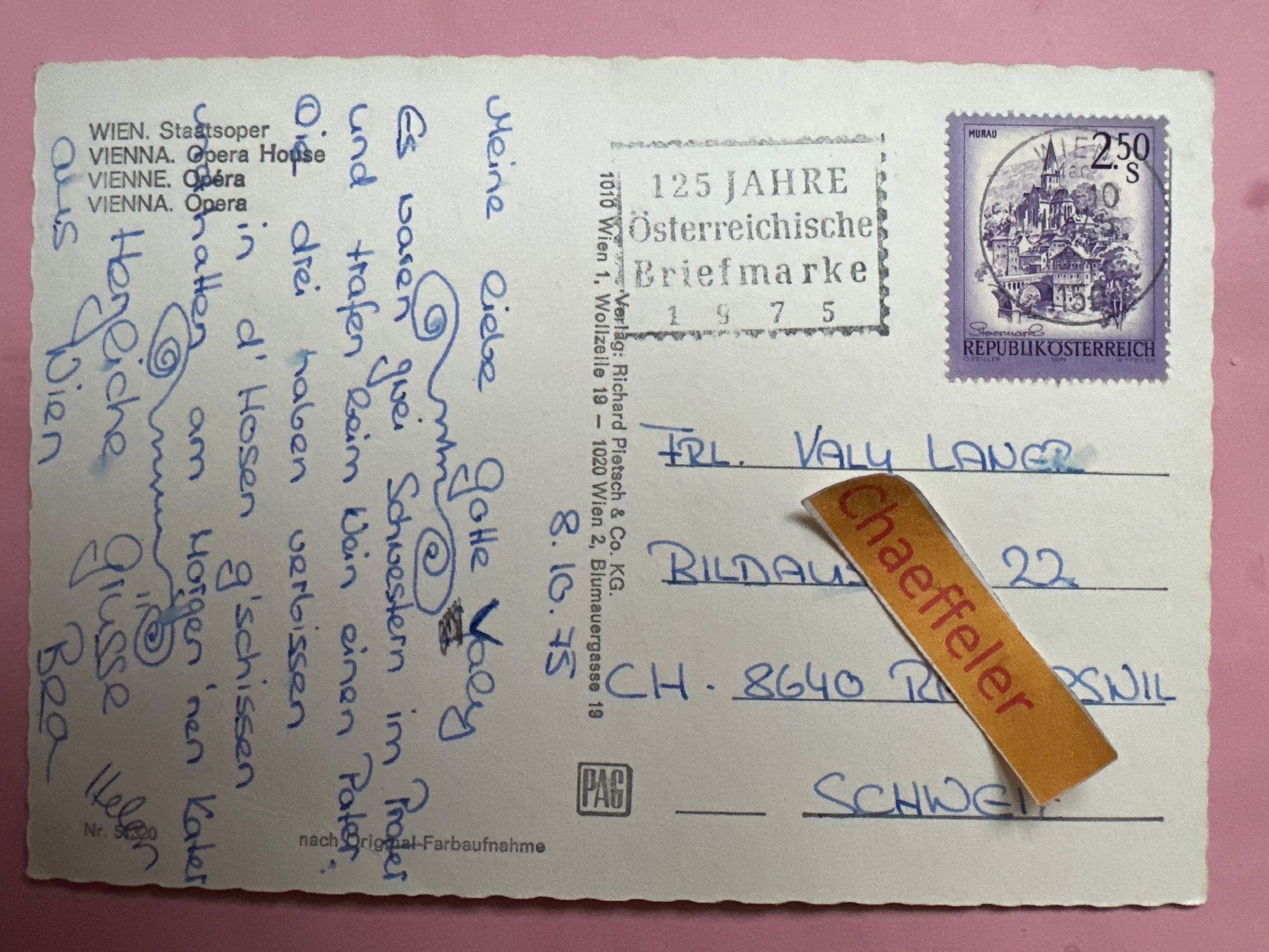 Ansichtskarten: 1975 Wien, Staatsoper – Gebraucht aus Zürich von Chaeffeler 1