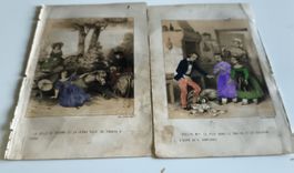 2 estampes anciennes colorisées scène de vie. L.Babeuf 1847