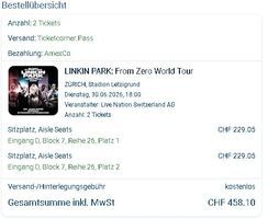 2 Plätze Block 7 im Wert von 450.- Linkin Park