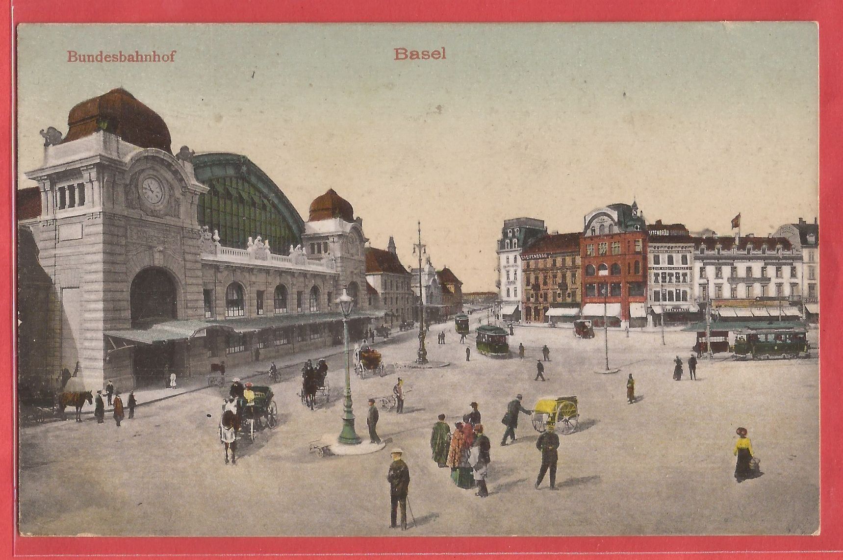 Ansichtskarten: Basel - Bundesbahnhof mit Trams und Kutschen - 1908 – Gebraucht aus Fislisbach von Porano