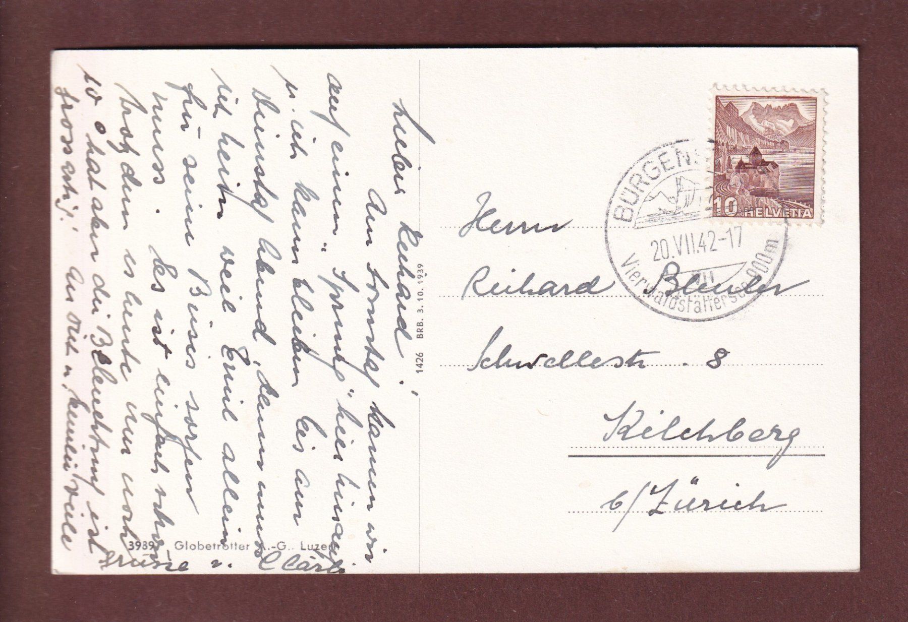 Cartoline postali: BÜRGENSTOCK - Alpenpanorama - 1942 – Usato da Pully venduto da nicecards 1