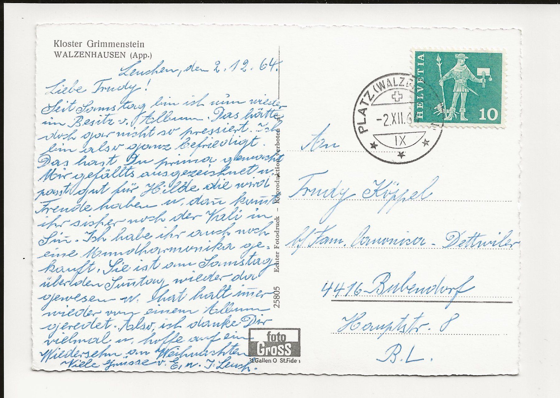 Cartoline postali: AK 1964 Kloster Grimmenstein Walzenhausen – Usato da Greifensee venduto da 315WDO 1