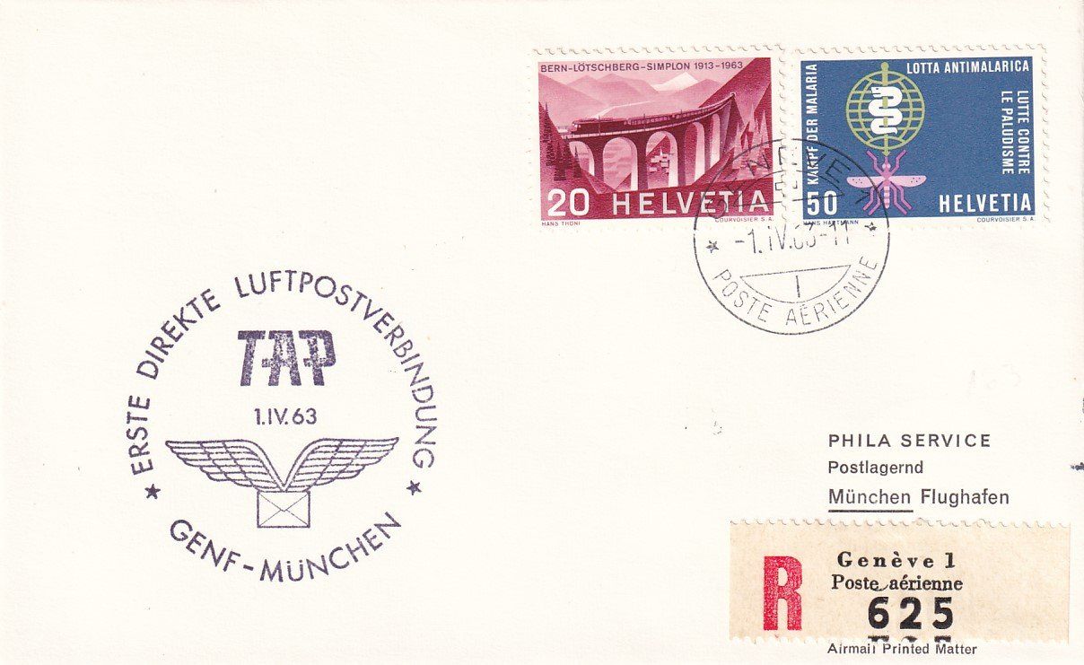 Tutti i francobolli: Erstflug TAP Genf - München 1963 – Usato da Baar venduto da Asmara111
