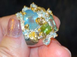 Aquamarine Tourmaline Peridot SS925 & 14k Gold Vermeil Ring