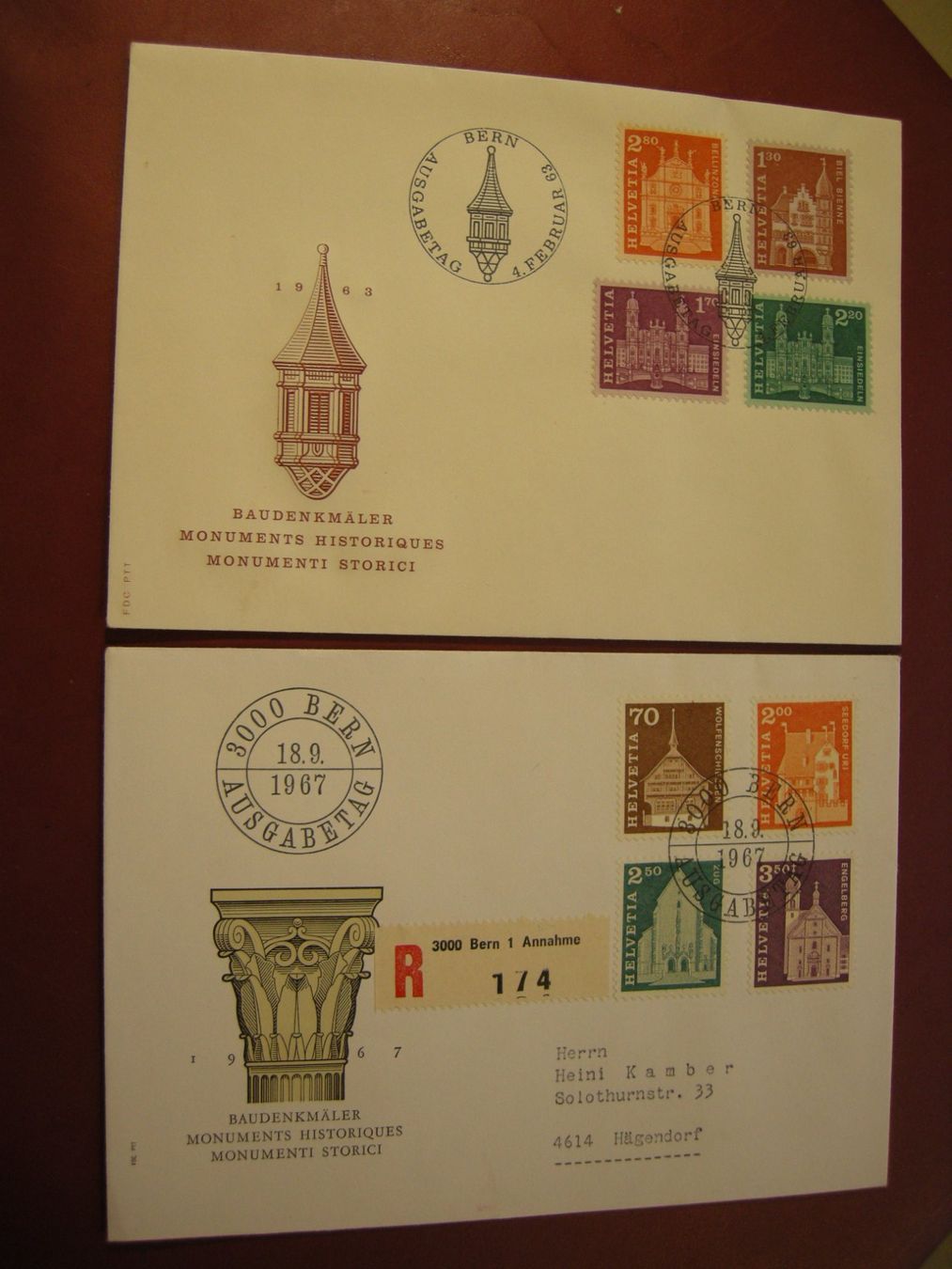 Alle Briefmarken: 2 BRIEFE BAUDENKMÄLER FDC, 1963 + 1967 – Gebraucht aus Eschenbach SG von eDaisy