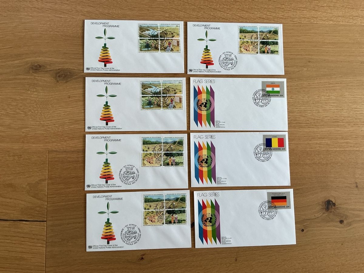 Alle Briefmarken: U.N. Entwicklungsprogramm & Flaggen Serie Umschläge 16 Stück – Gebraucht aus Glarus von die_5yzq 2