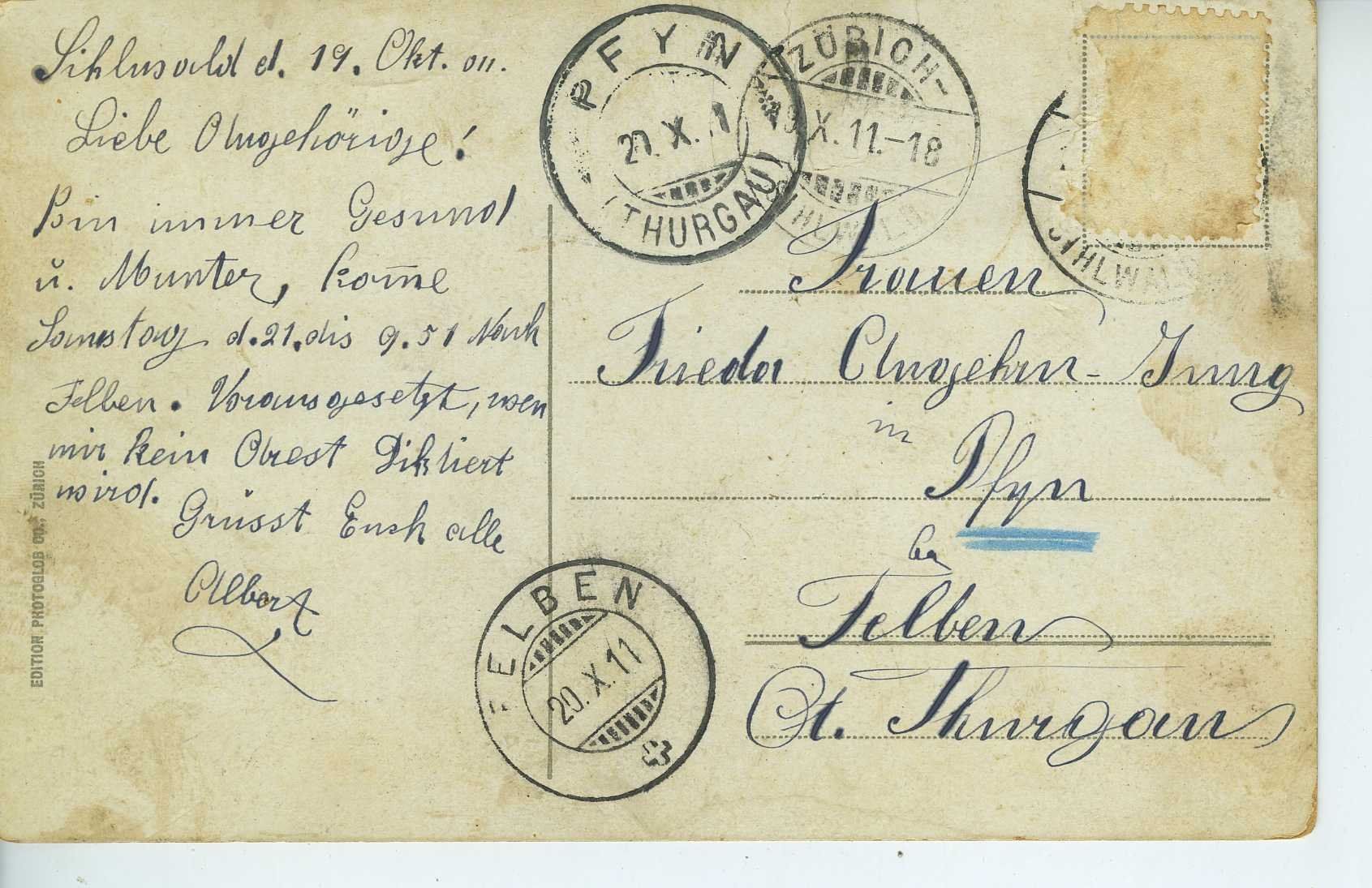 Ansichtskarten: Sihlwald - Sihltal, 1911 – Gebraucht aus Schleitheim von Pmschlaate 1