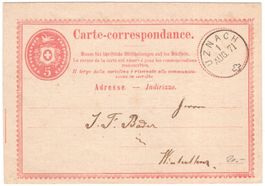 UZNACH Einkreisstempel auf 1. Ganzsachen-Postkarte von 1871