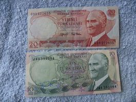2 Türkische Lira Banknoten: 10 & 20 Lira, Vintage, Neu