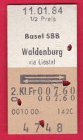 KARTON BILLETT, BASEL SBB - WALDENBURG,2.KLASSE,RETOUR,HALBT
