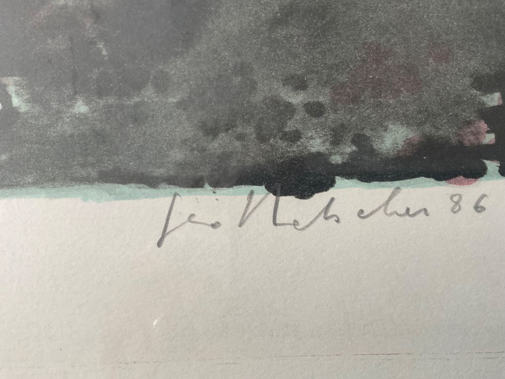 Lithographie von Geo Bretscher 1986. Katze auf Tisch 5