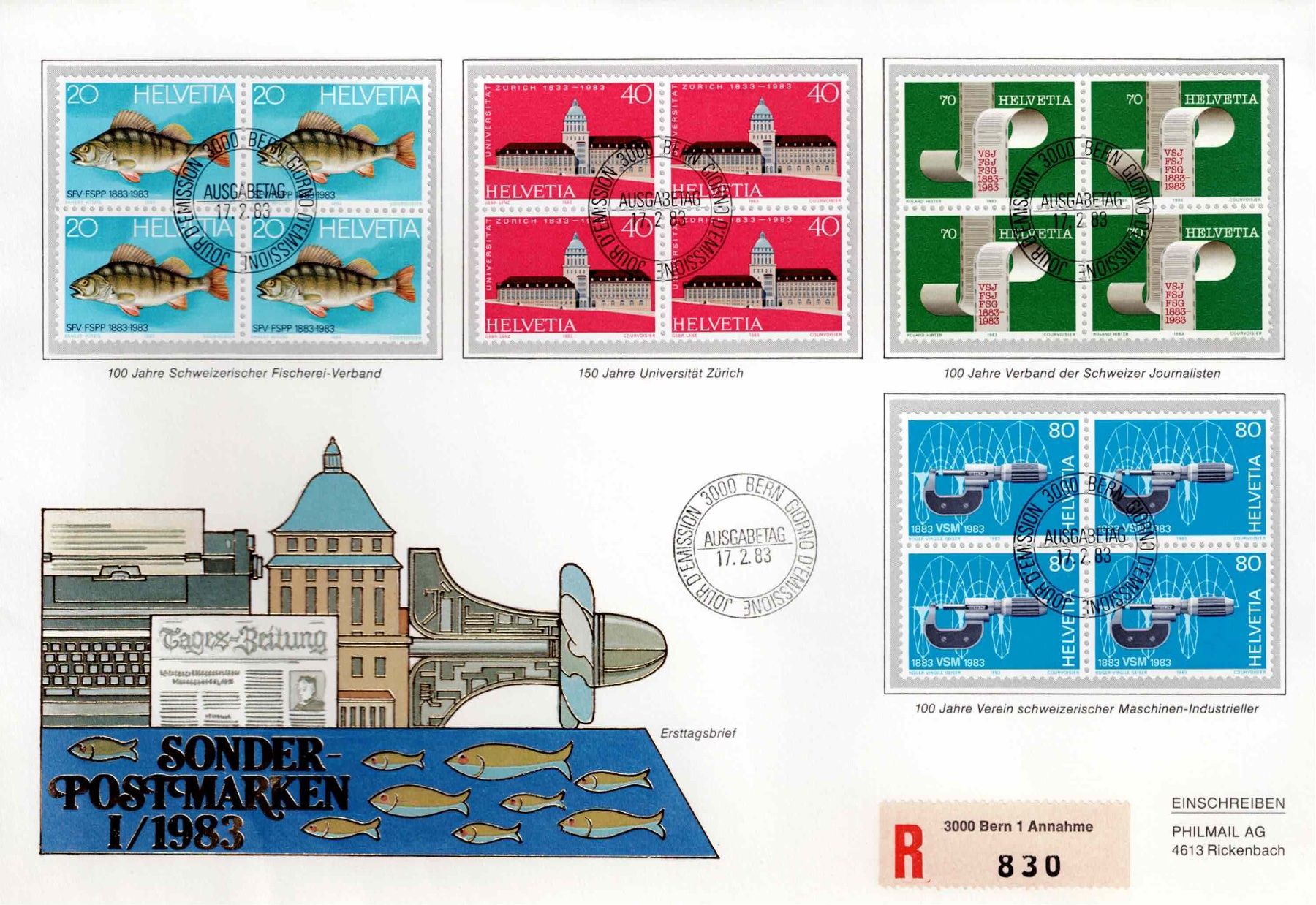 Alle Briefmarken: CH Viererblock – Gebraucht aus Koblenz von Markenhimmel
