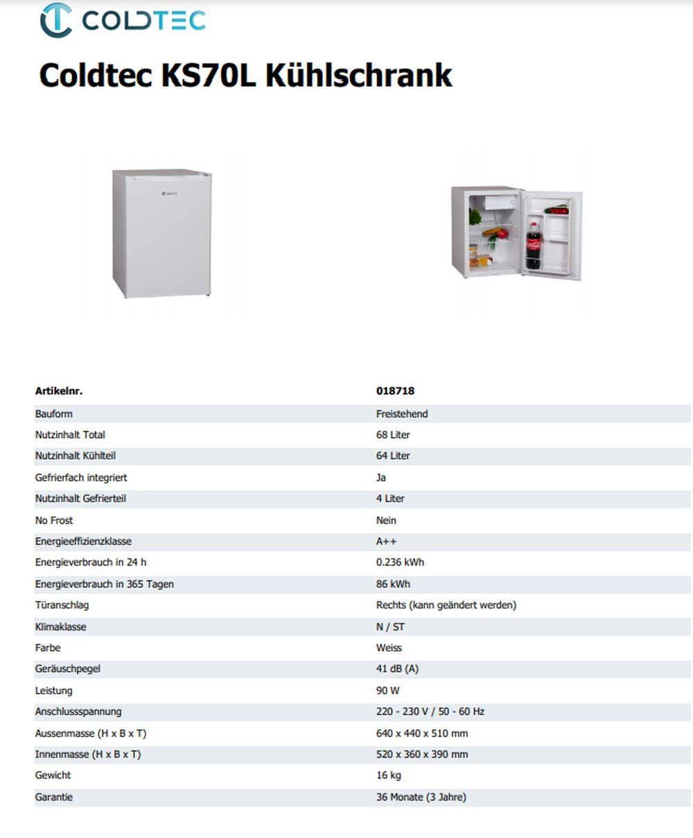 Frigoriferi: Coldtec KS70L Kühlschrank - 18718 – Nuovo e nell'imballaggio originale da Opfikon venduto da Shoni 3
