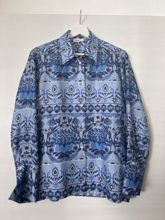 Sandro Silk Shirt with Blue Pattern in Size 0