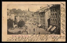 AK St. Gallen, Marktgasse mit Brunnen aus der Vogelschau