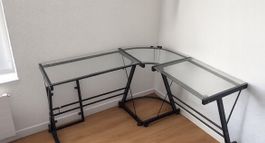 Eckschreibtisch Glas Metall schwarz L-Form gebraucht