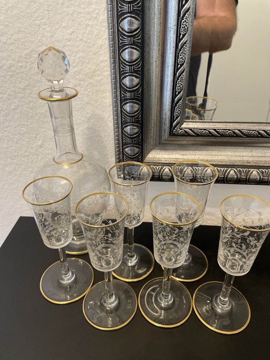 Karaffen: Kristall Karaffe mit 6 Schnaps Becher Handarbeit verziert. – Gebraucht aus Basel von Ga12345 7