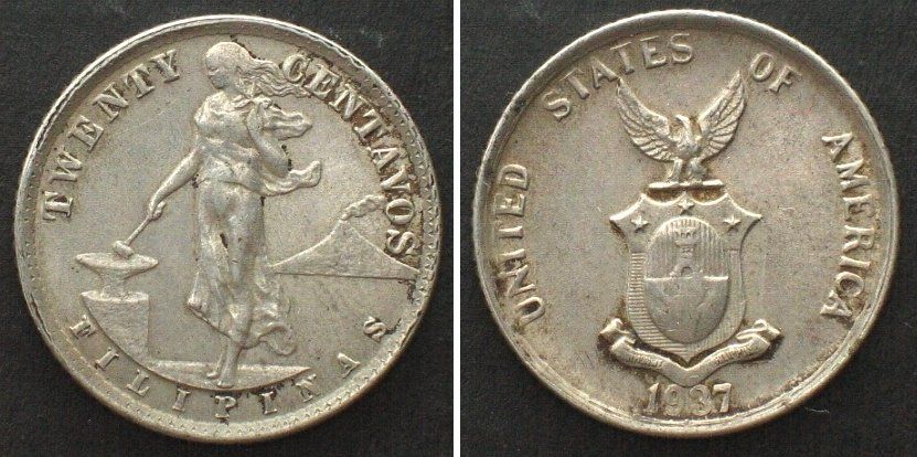 Tutti le monete: PHILIPPINEN 20 Centavos 1937 M, US-ADMINISTRATION Silber vz+ – Usato da Riehen venduto da sesambestcoins2004