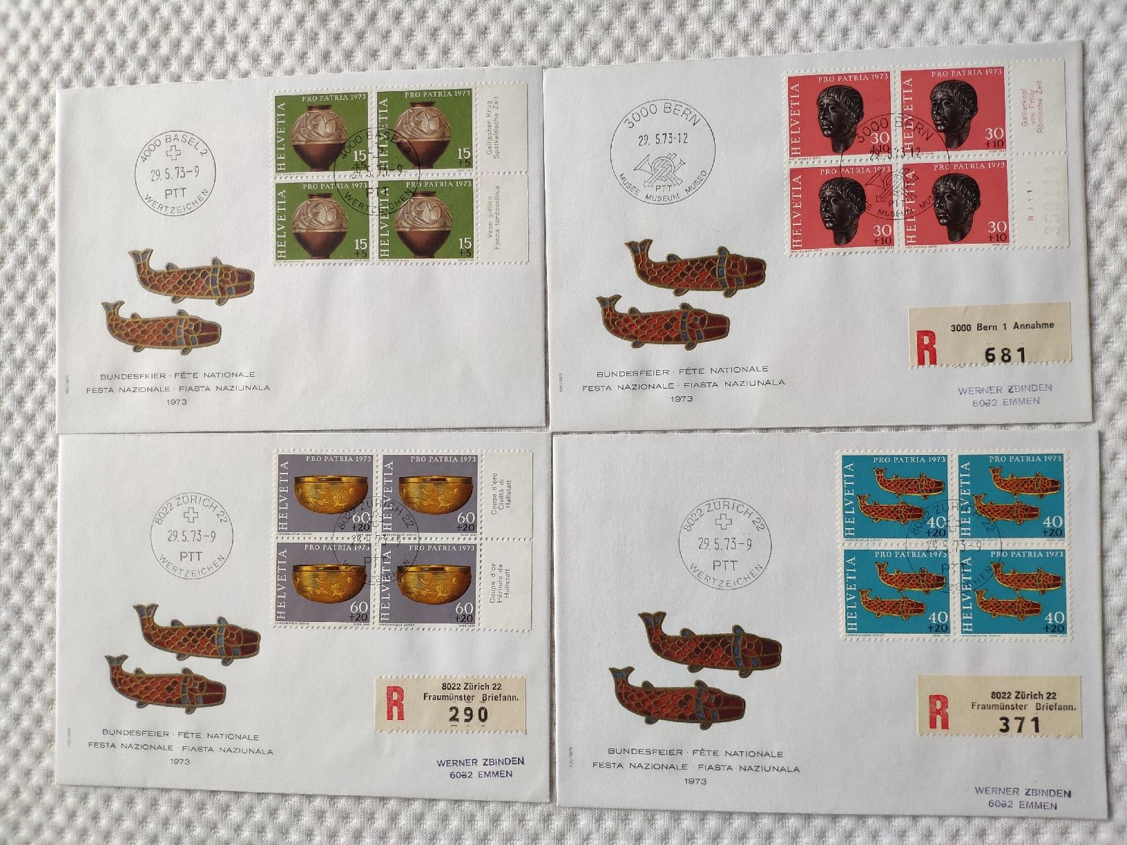 Tutti i francobolli: Pro Patria 1973 FDC avec blocs de quatre – Usato da Lausanne venduto da Jdelta