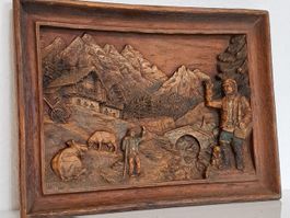 Holzschnitzerei France Relief Bild 3D Agrar Land Signiert