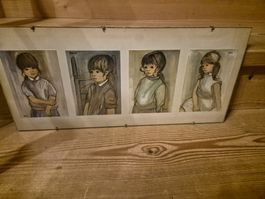 Vintage Kinder-Bilderrahmen mit vier Zeichnungen, Unikat