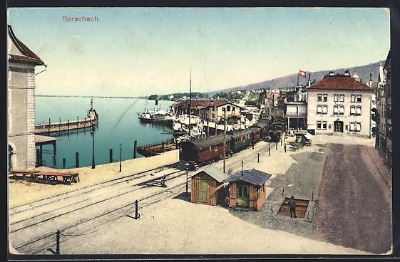 Cartoline postali: AK Rorschach, Partie am Hafen, Eisenbahn – Usato da Berlin venduto da bartko-reher