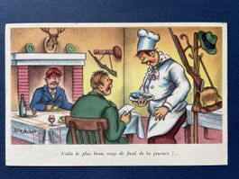 Vintage Postkarte Restaurant Jagd Gewehr Jäger Koch Humor