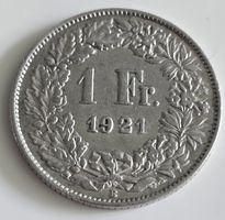 1 Franken 1921 Helvetia Schweiz Silbermuenze guter Zustand