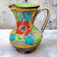 Vase pichet en grés gravé et émaillé motif floral. Italie 50