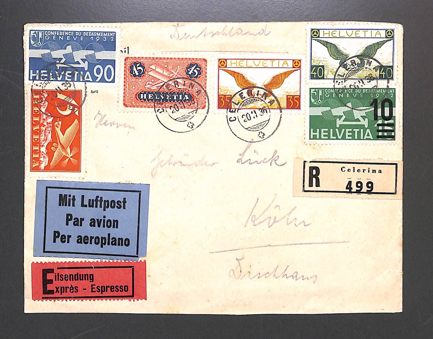 Tutti i francobolli: 1936 Luftpost Brief FLUGPOST Buntbrief Eilsendung - CELERINA – Nuovo (secondo la descrizione) da Zürich venduto da Nobs1