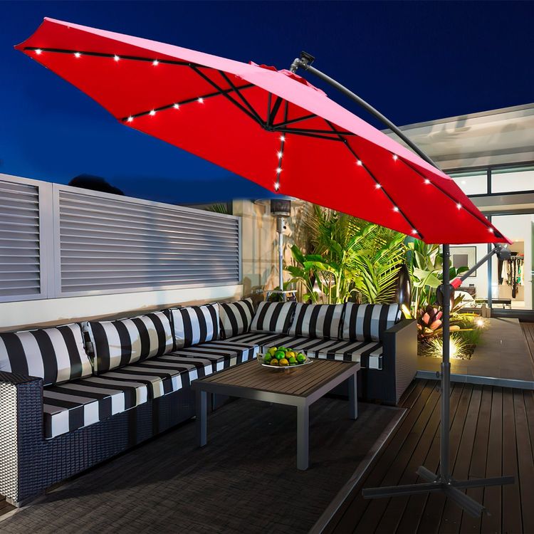 Sonnenschirm mit Solar- LED-Beleuchtung Ampelschirm Gartenschirm Kurbelschirm 2,7M- rot
