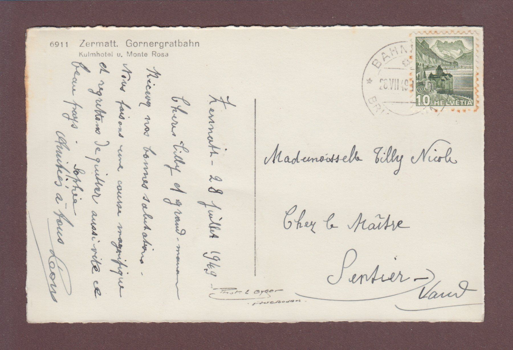 Cartoline postali: Zermatt - GORNERGRAT-BAHN - 1949 – Usato da Pully venduto da nicecards 1