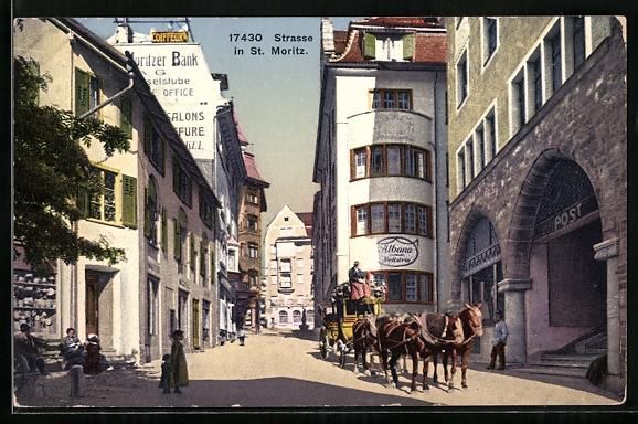 Cartes postales: St. Moritz, Strassenpartie an der Post – D'occasion à Berlin par bartko-reher