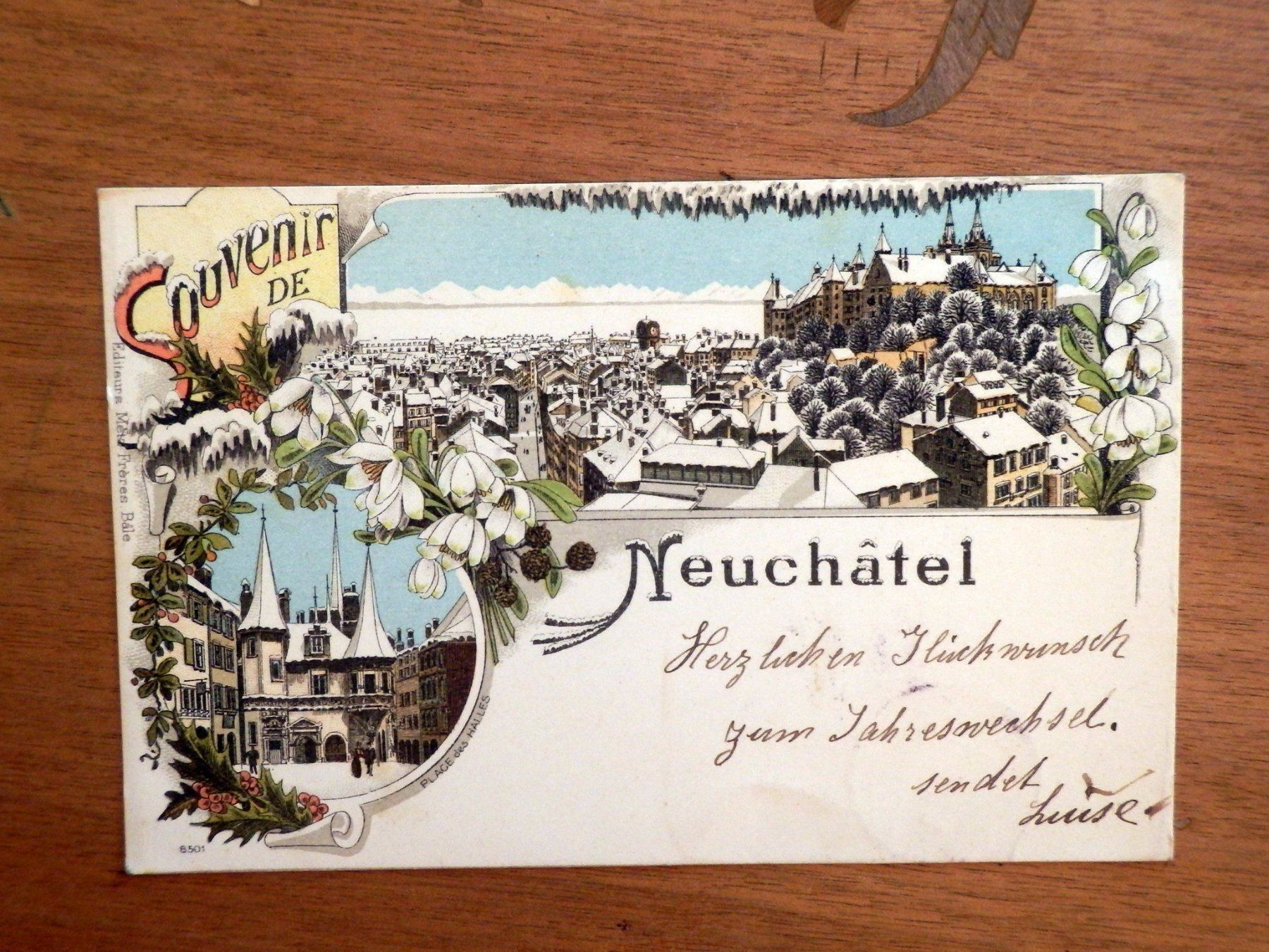 Cartoline postali: Litho. Souvenir de Neuchatel, Silvester – Usato da Ueberstorf venduto da dinbau